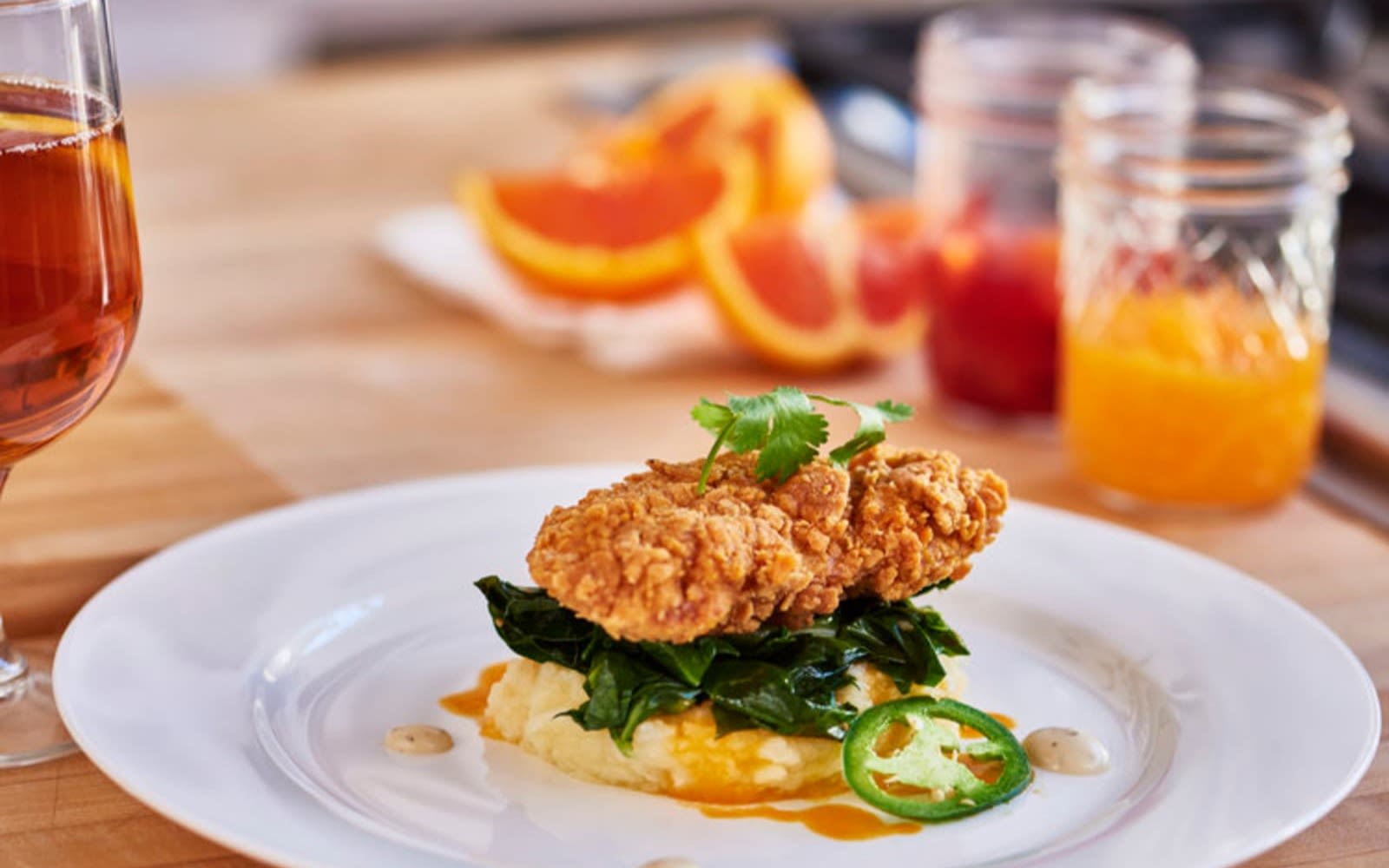 A fried chicken dish on a white plate from Memphis Meats