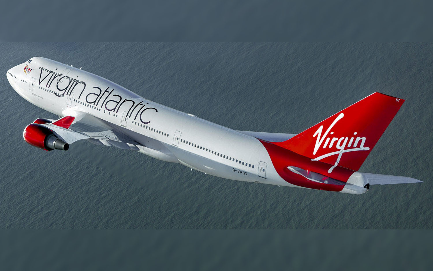 A Virgin Atlantic Boeing 747 flying over water
