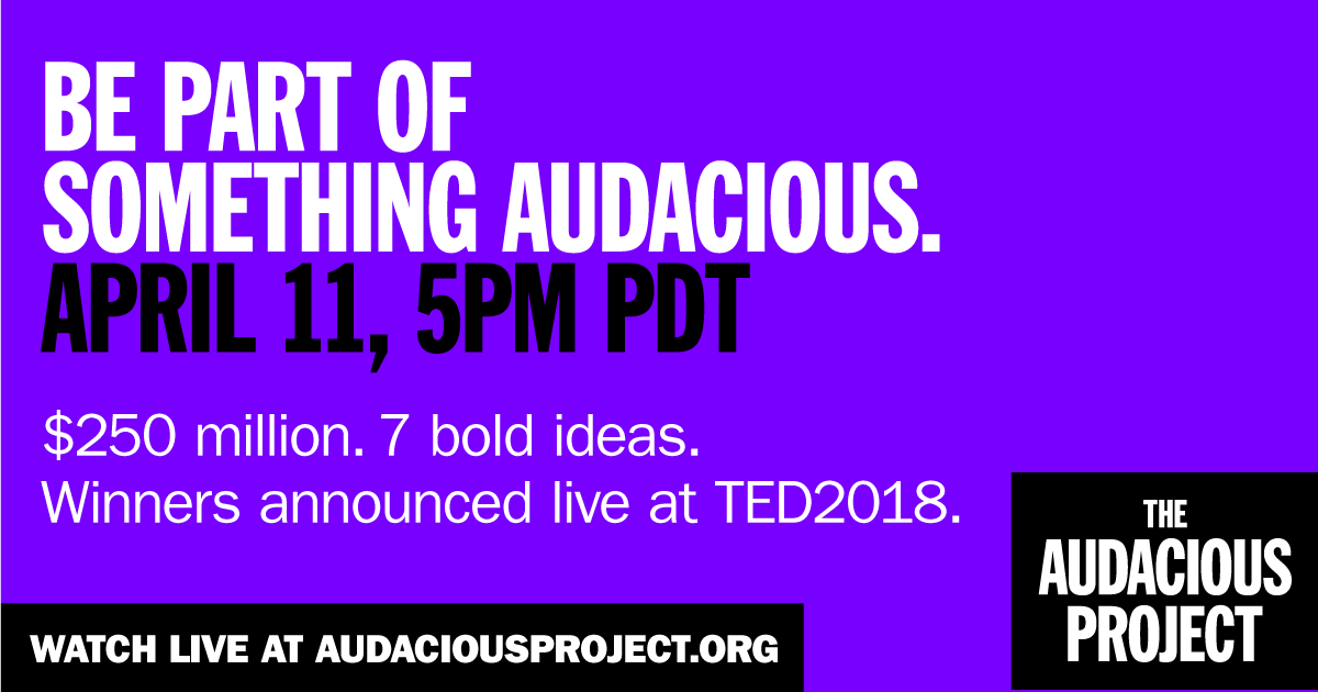 White and black text on a purple background that reads 'Be part of something audacious' and has details of the 2018 winners announcement