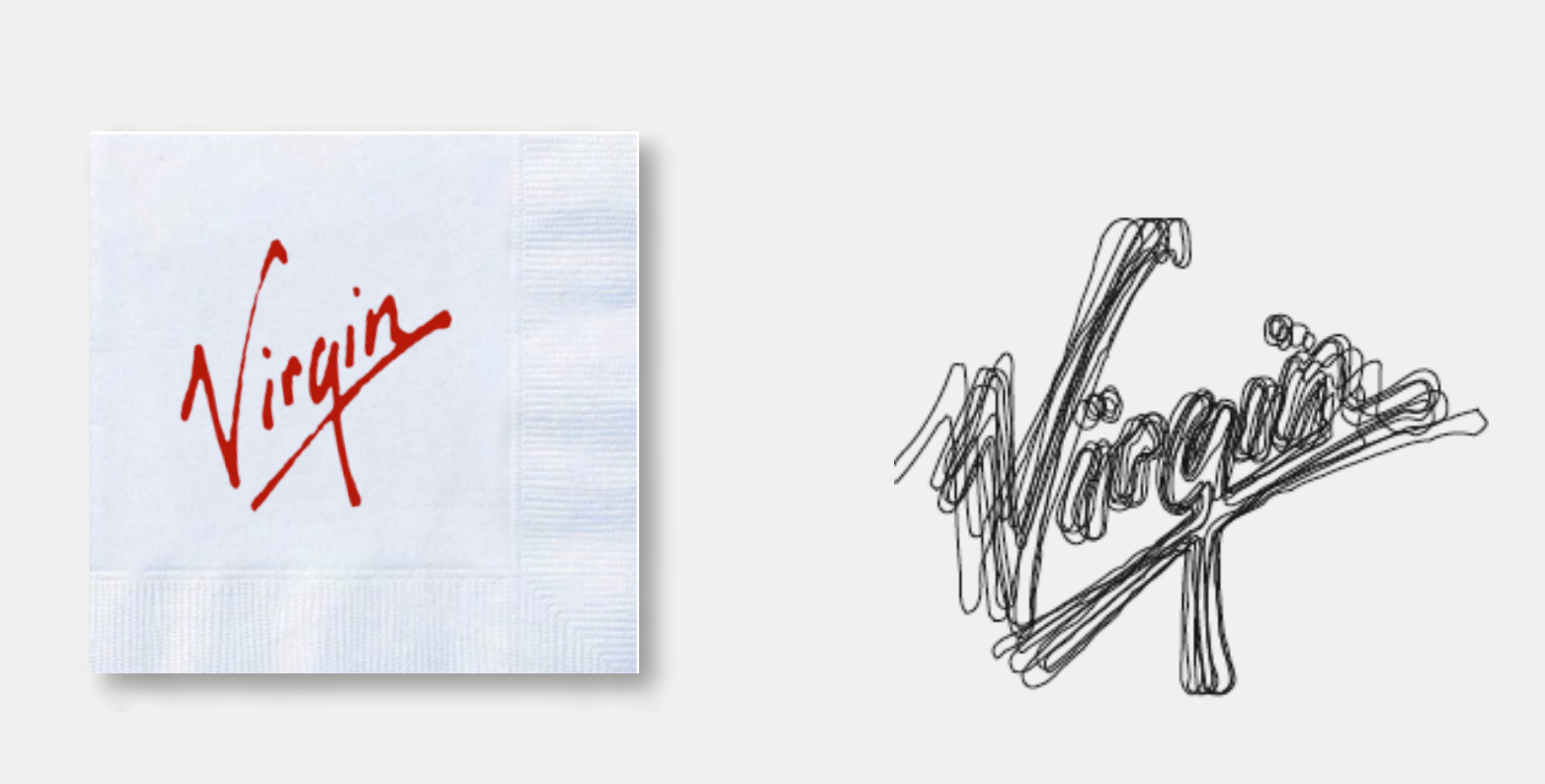 Virgin logo sketched and scribbled on a napkin