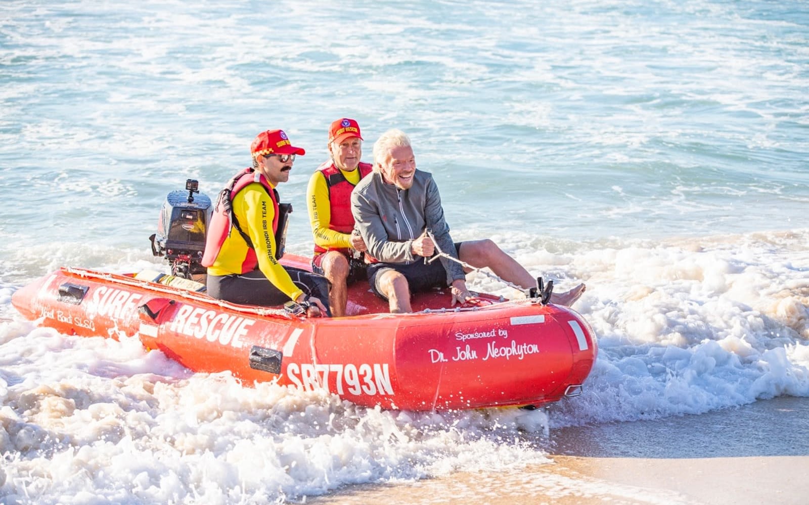 Richard Branson on a surf rescue boat at Bondi Beach