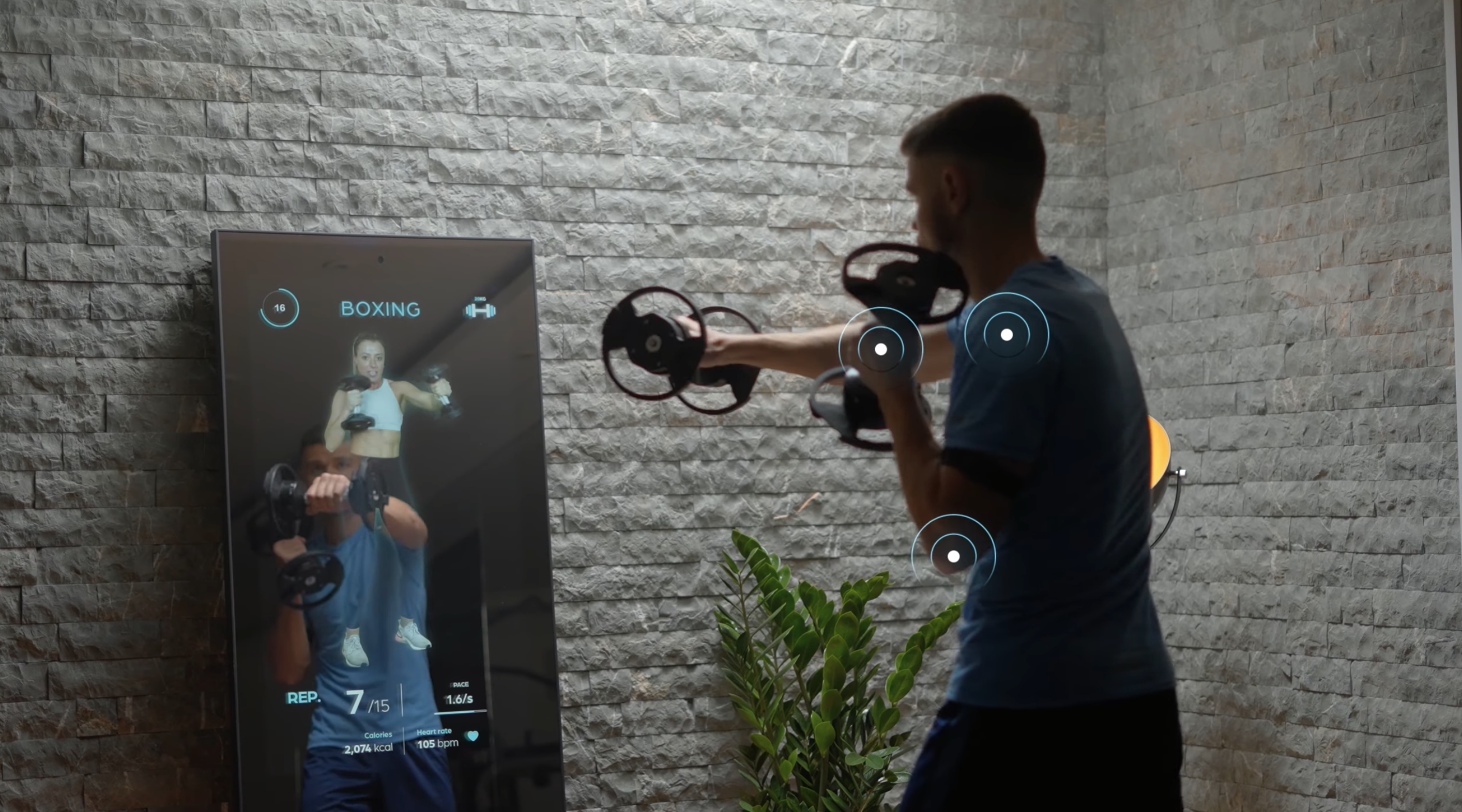 A man using MAGIC's smart home gym to box at home