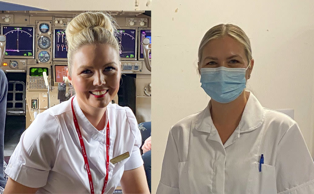Two photos of Natasha Hall, on the left in her Virgin Atlantic cabin crew uniform, and on the right in her uniform for the vaccination centre