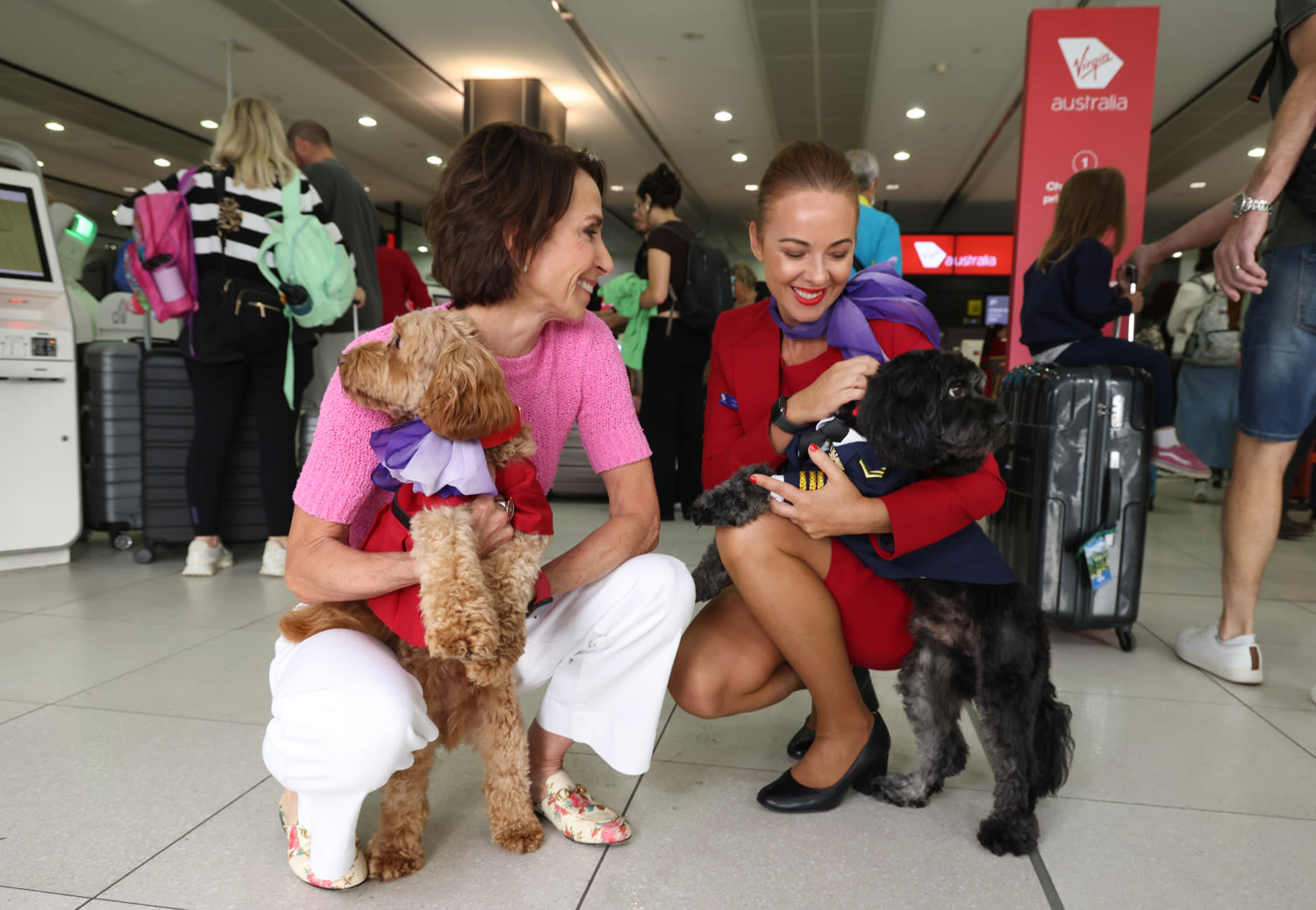 Virgin Australia CEO Jayne Hrdlicka and a Virgin Australia cabin crew member with two dogs dressed in Virgin Australia uniforms at an airport