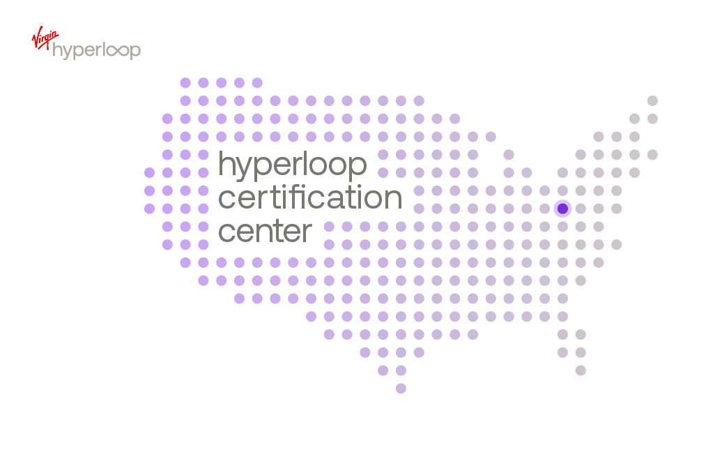 A map of the USA, with a purple dot on West Virginia. Text reads: Hyperloop Certification Center