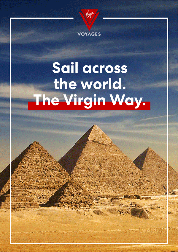Images of white buildings in Santorini, the pyramids in Cairo and Sydney Opera House rotate behind the text, which reads: "Sail across the world. The Virgin Way."