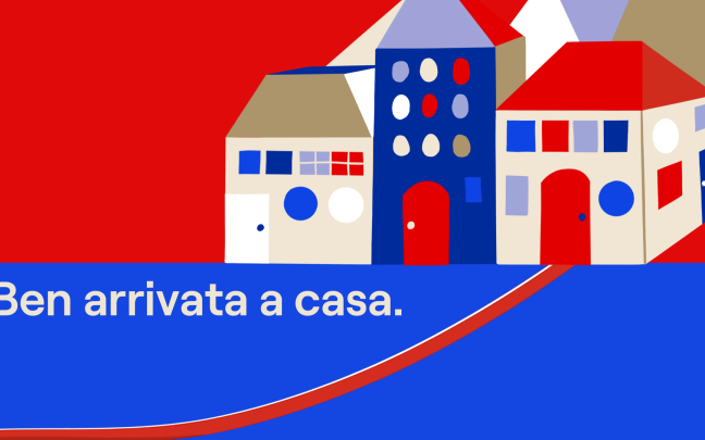 Illustration of houses with a red cable coming to one. Text reads: Ben arrivata a casa