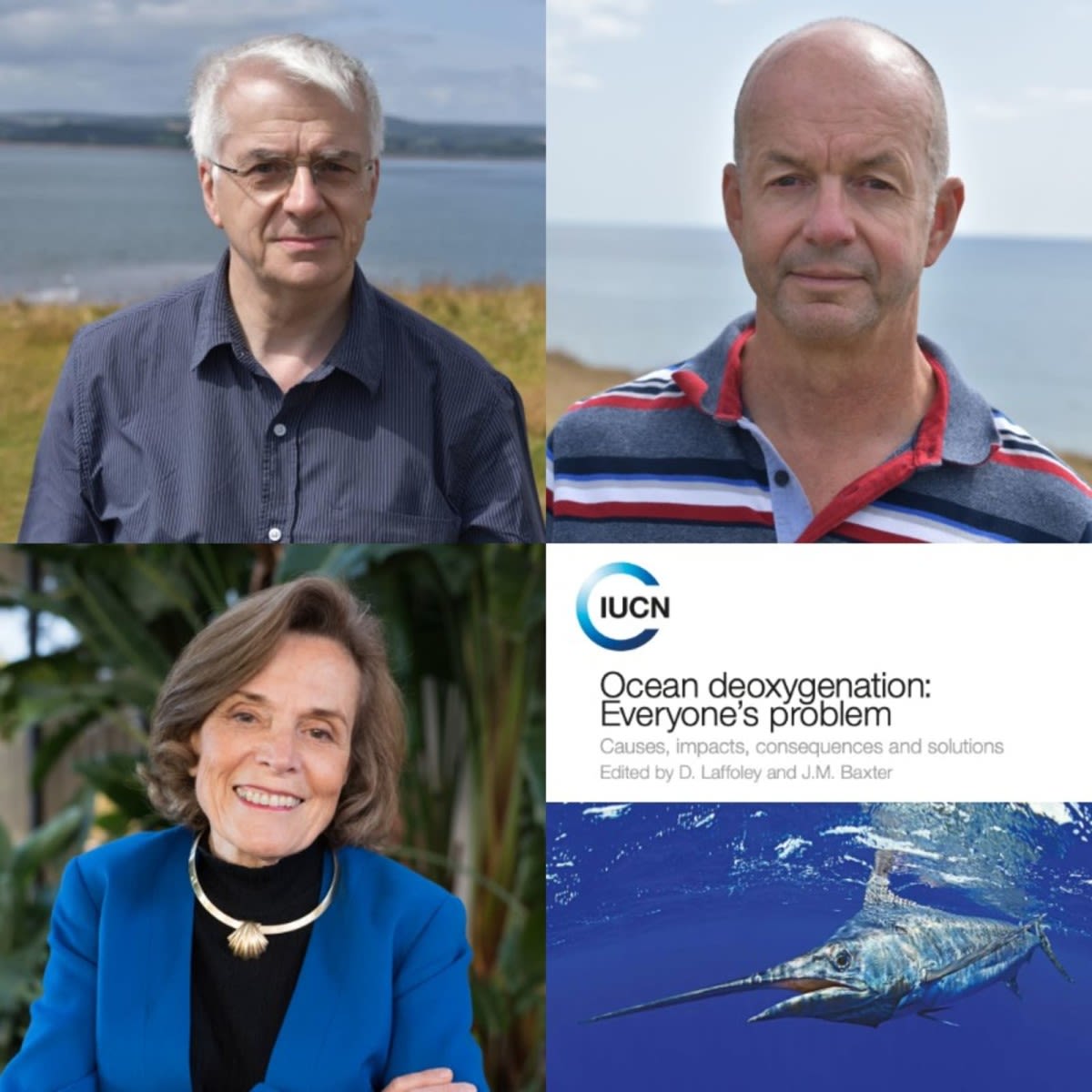 A collage of Dan Laffoley, Sylvia Earle, John Baxter and a poster from the IUCN around Ocean deoxygenation
