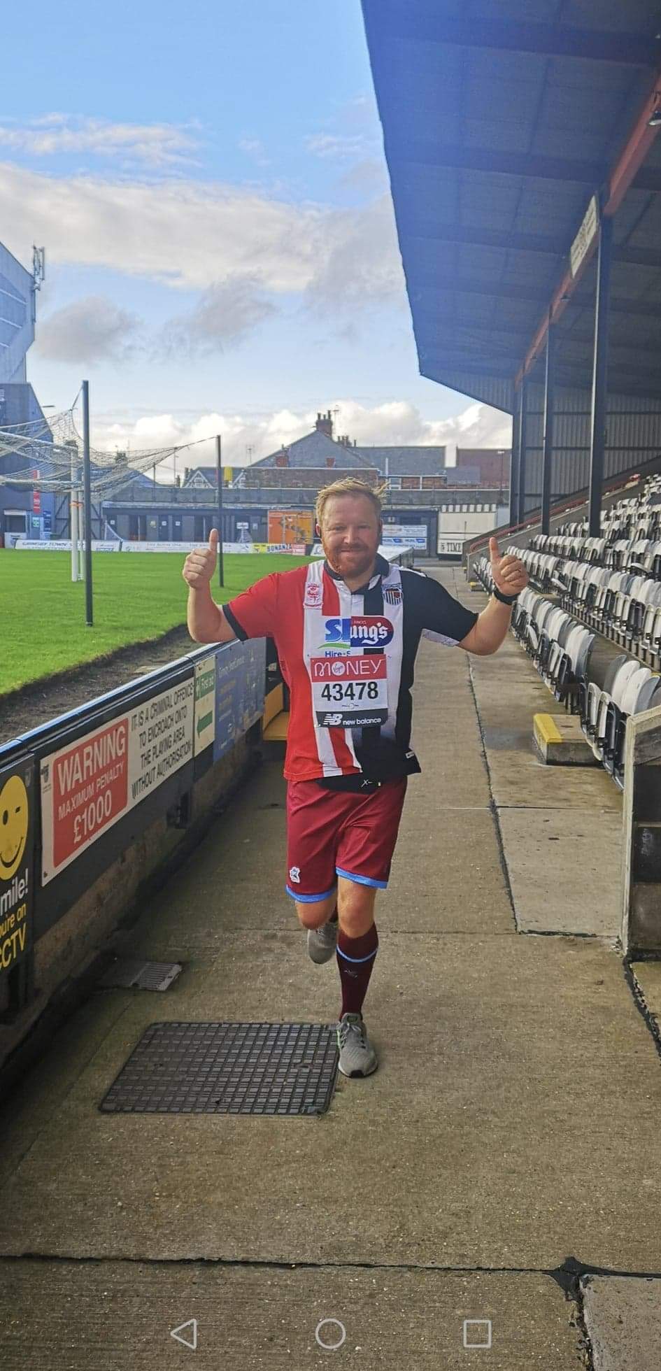 James Whaley, from Grimsby, completed his 26.2 miles by doing 130 laps of Grimsby Town FC’s Blundell Park pitch, raising money for the When You Wish Upon a Star charity. 