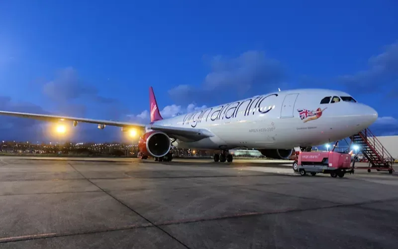 A Virgin Atlantic plane on the ground