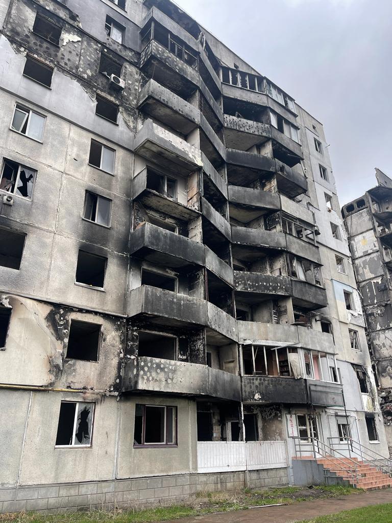 A destroyed apartment block in Ukraine