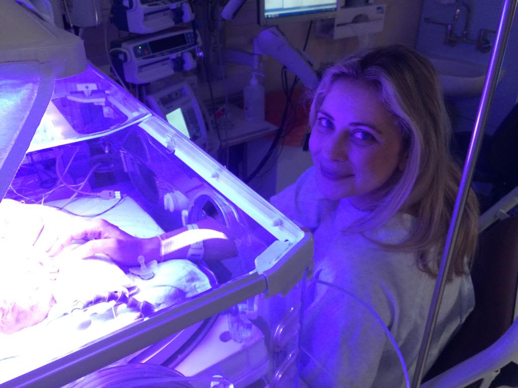 Holly Branson with her baby twins - Etta and Artie - in an incubator