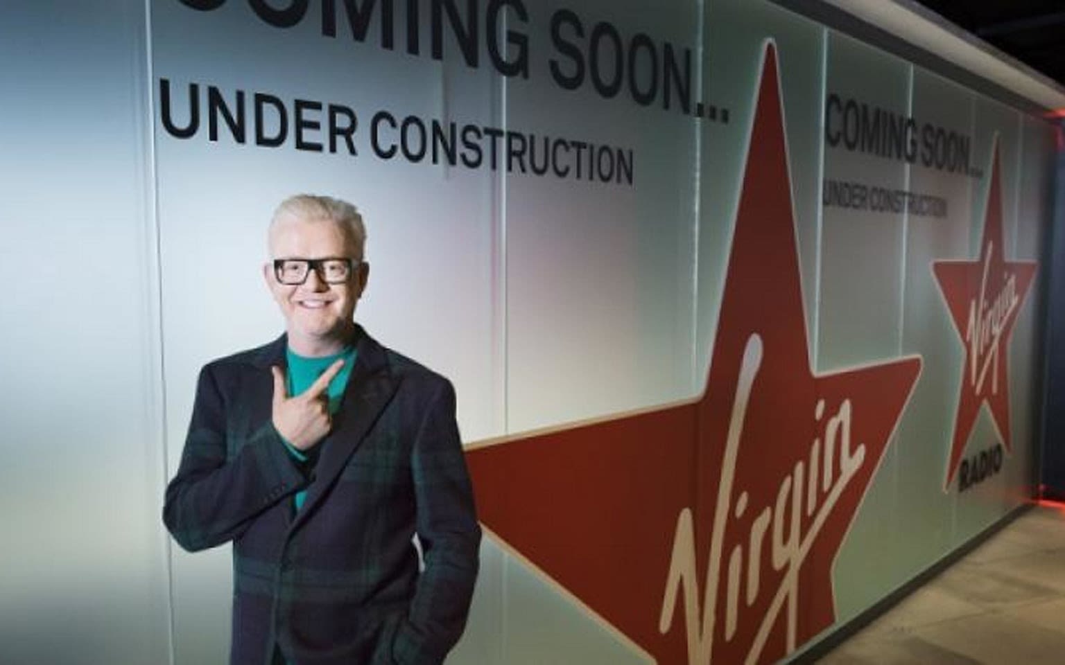 An advert for the Chris Evans Breakfast Show on Virgin Radio, which reads Coming Soon... Under Construction