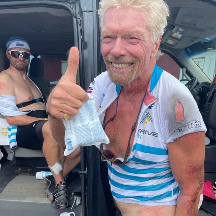 Richard Branson smiling after a bike crash on the 2021 Strive Challenge