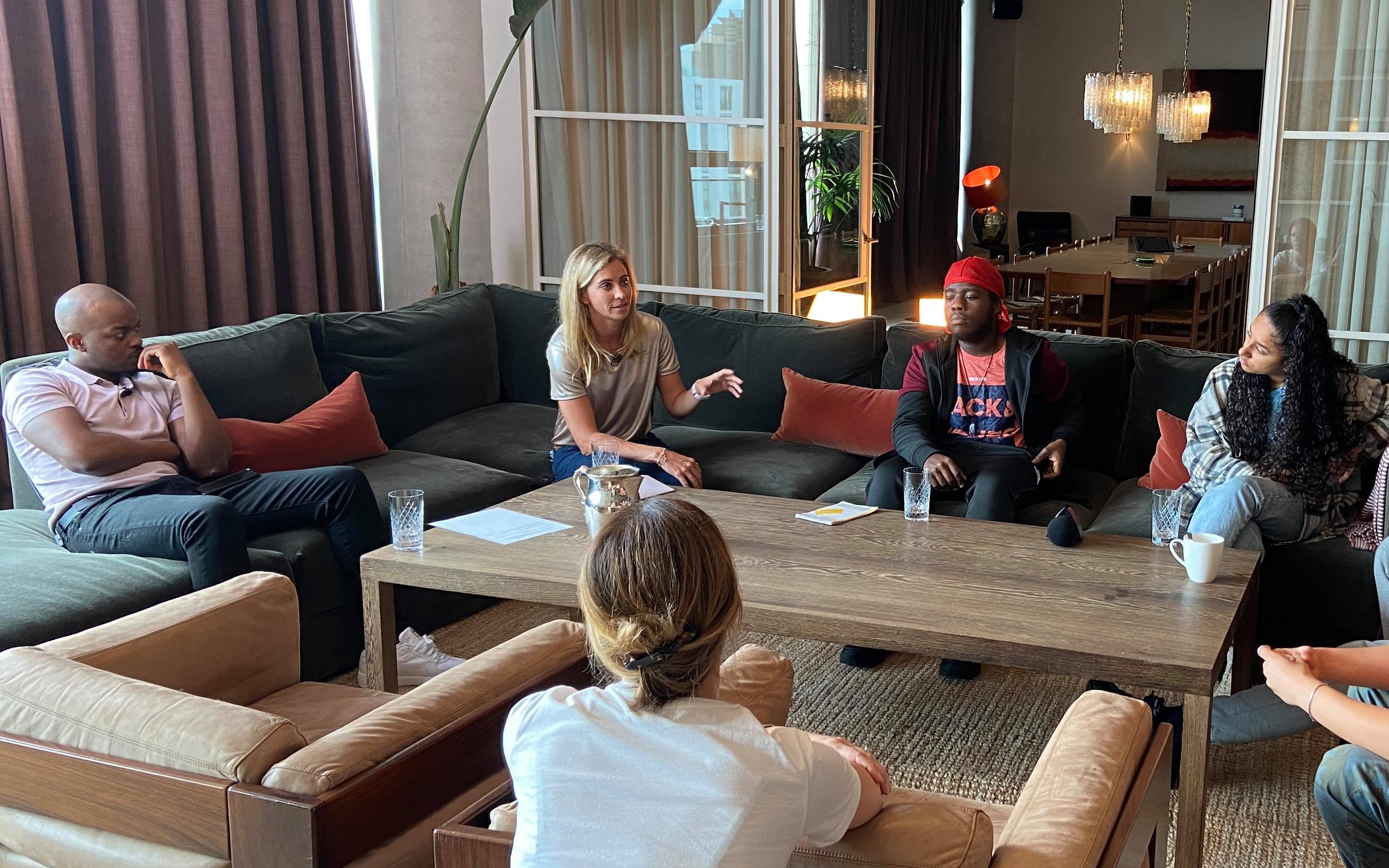 Holly Branson and George The Poet speaking with young education activists