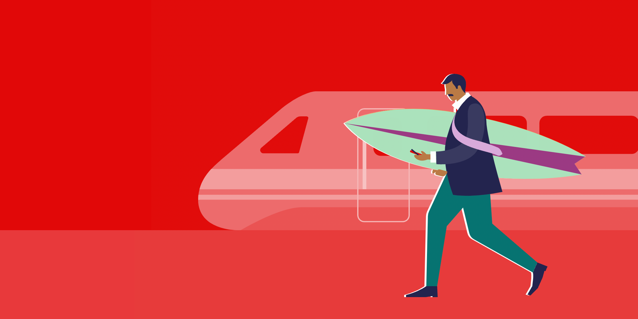 An illustration of a man carrying a surfboard in front of a train