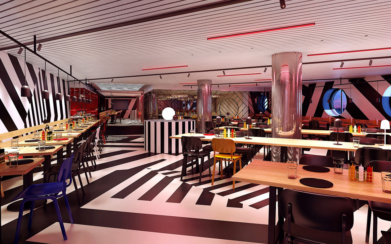 The inside of a casual dining restaurant with black and white stripes on the floors, ceiling and walls
