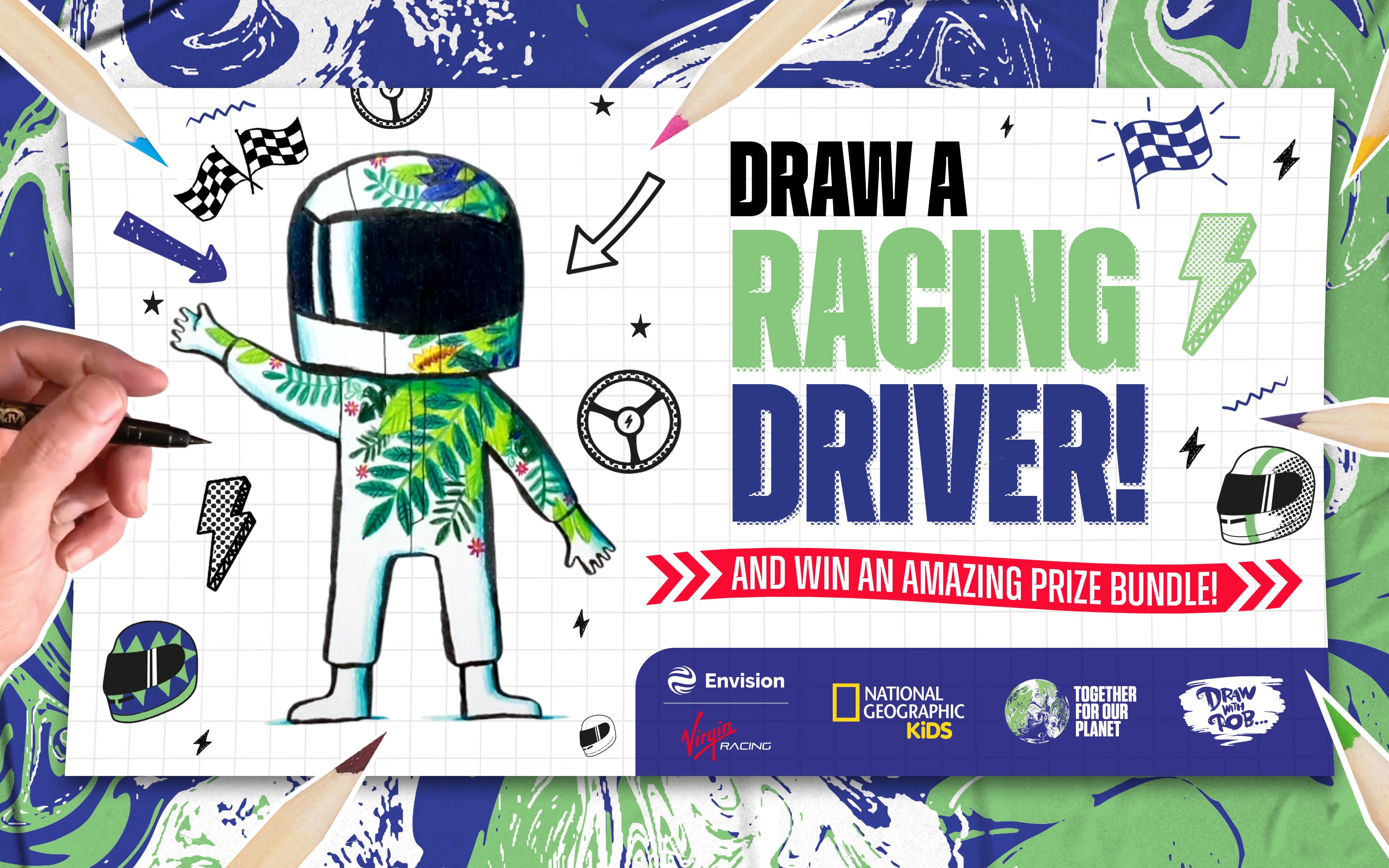 Draw a racing driver and win an amazing prize bundle competition graphic from Envision Virgin Racing