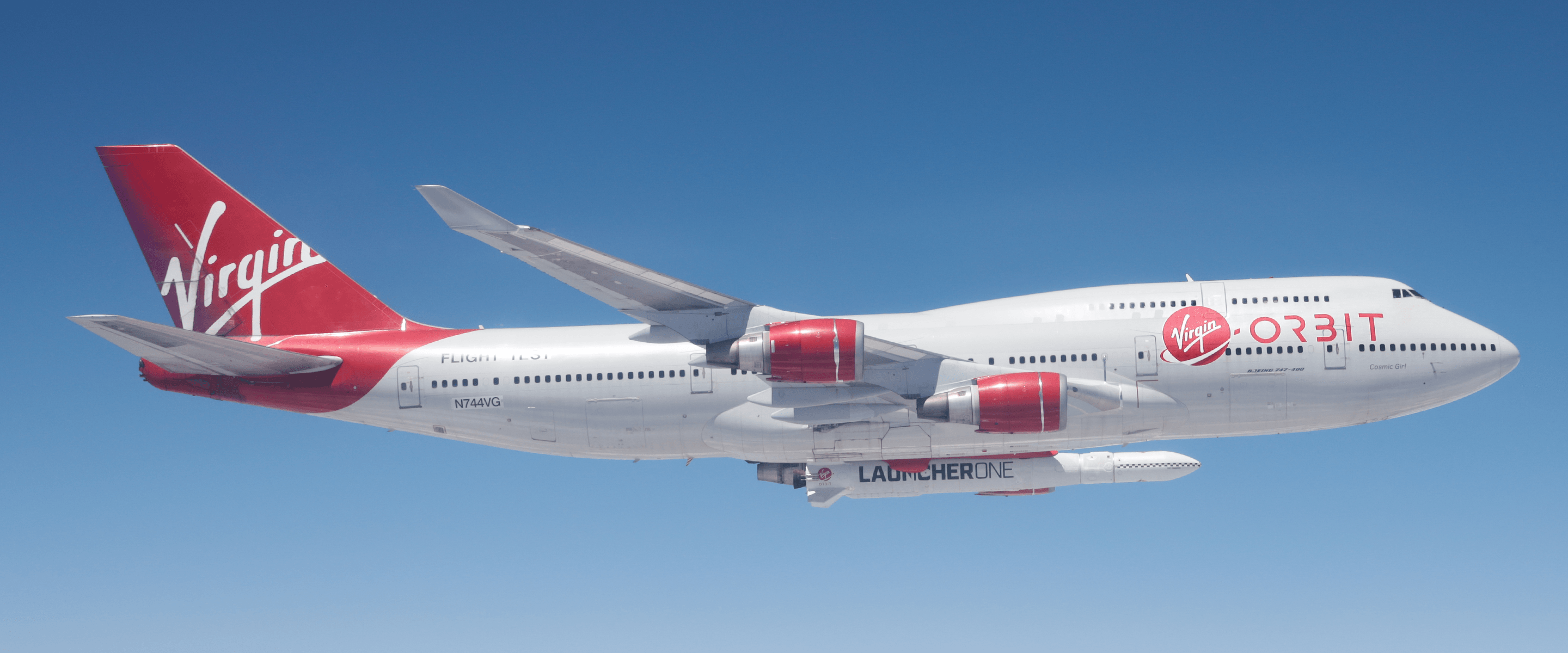 Virgin Orbit's LauncherOne under the wing of its adapted Boeing 747 Cosmic Girl