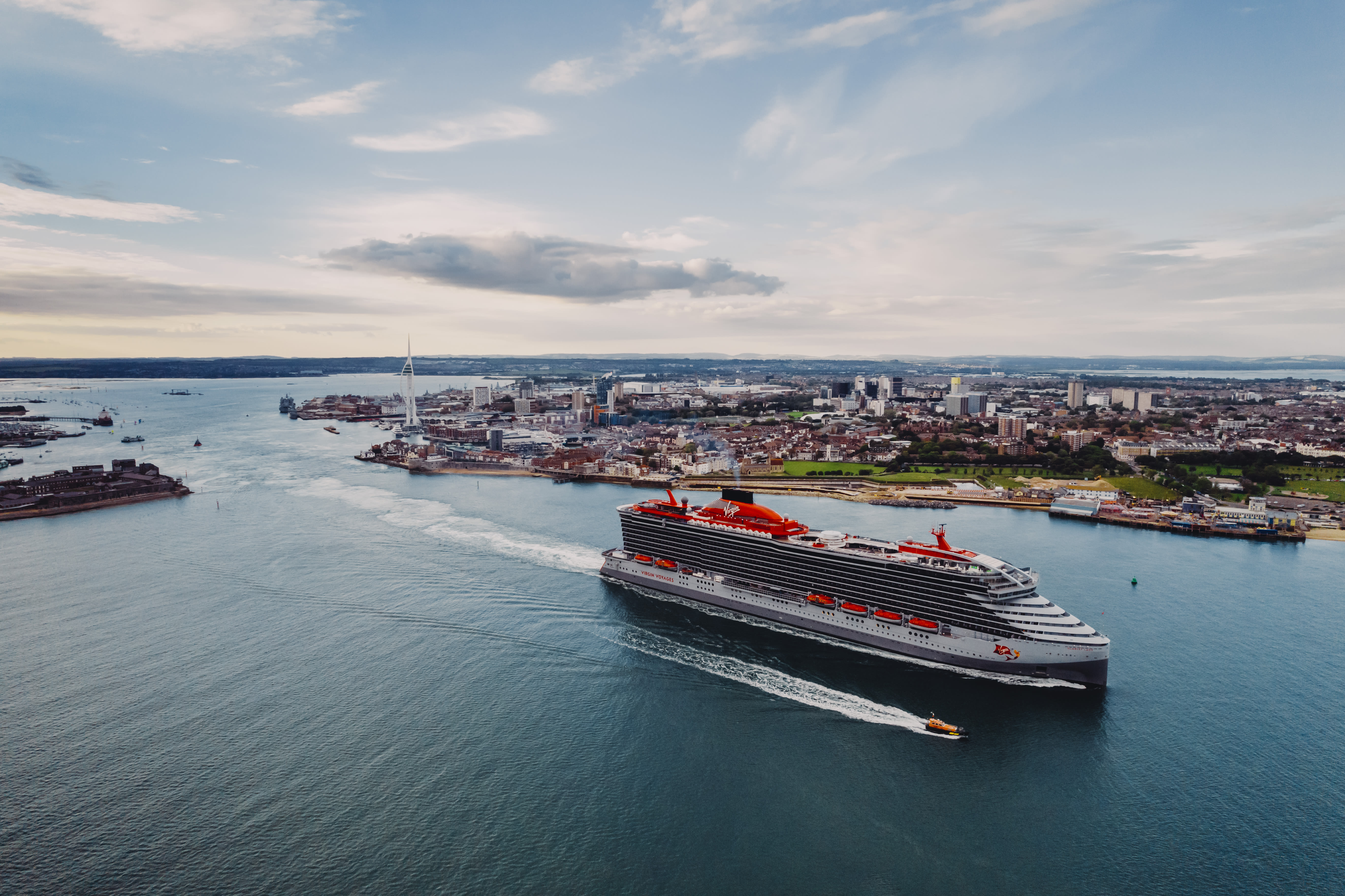 Virgin Voyages ship Scarlet Lady arriving at Portsmouth harbour