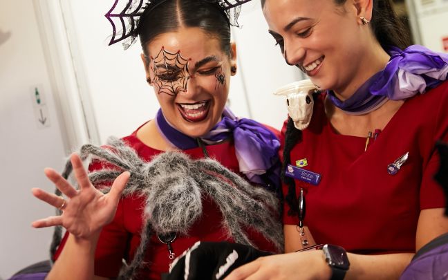 Two Virgin Australia cabin crew dressed up for Halloween with cobwebs and a fake giant tarantula 