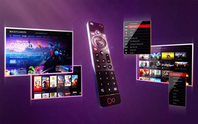 Virgin Media's new Virgin TV 360 remote and screens showing the user interface