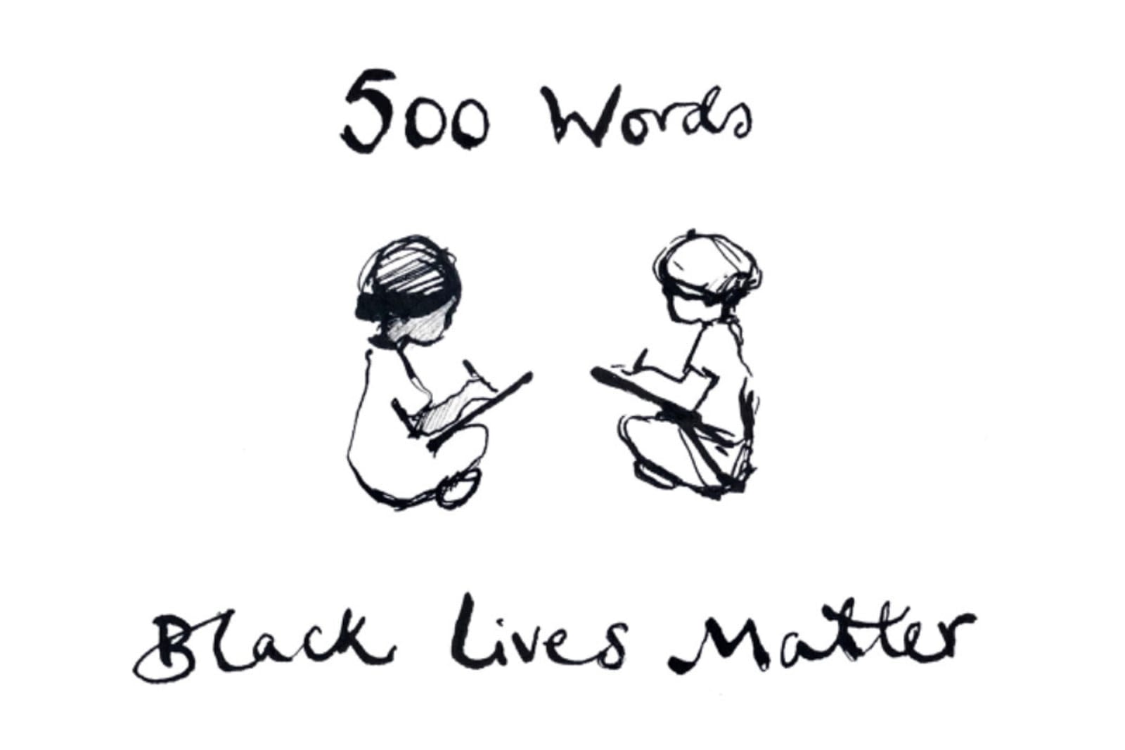 Illustration of two children writing, with the text 500 Words Black Lives Matter