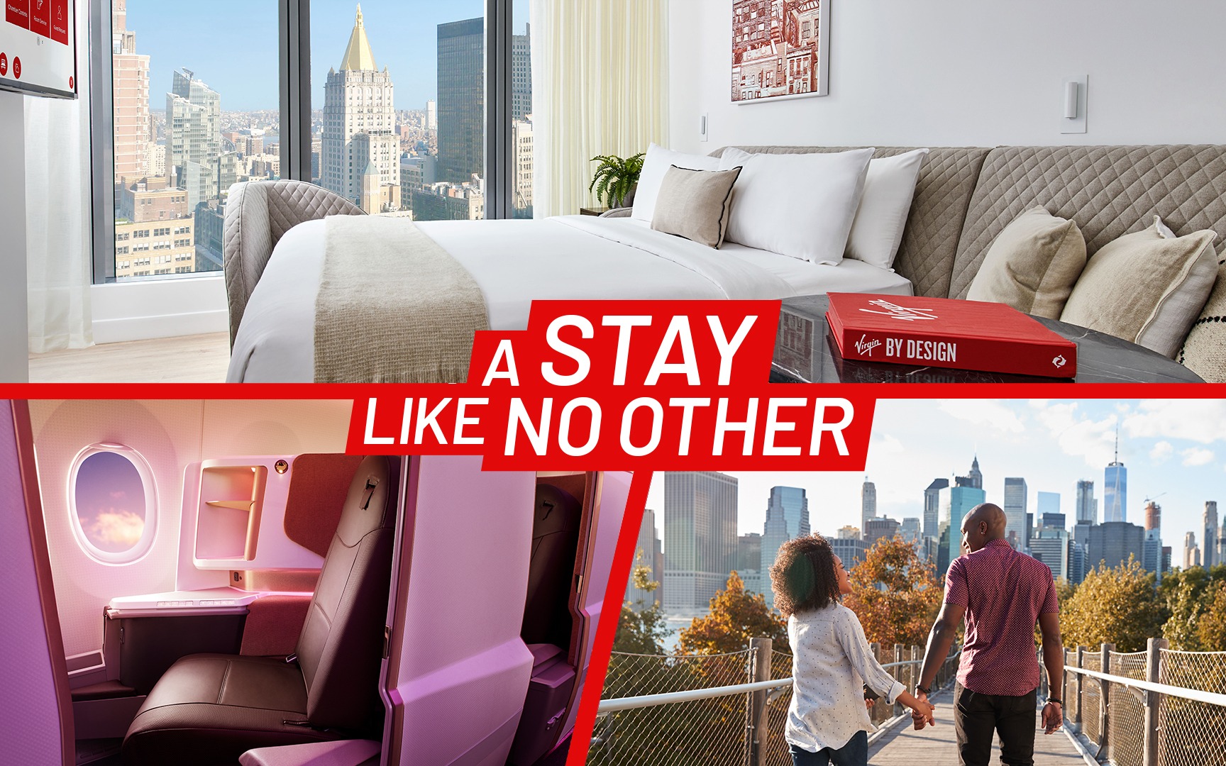 Image of Virgin Hotels New York chamber, a couple in New York, and a lady being served in Upper Class at Virgin Atlantic.