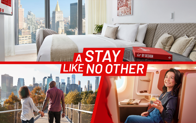 Image of Virgin Hotels New York chamber, a couple in New York, and a lady being served in Upper Class at Virgin Atlantic.