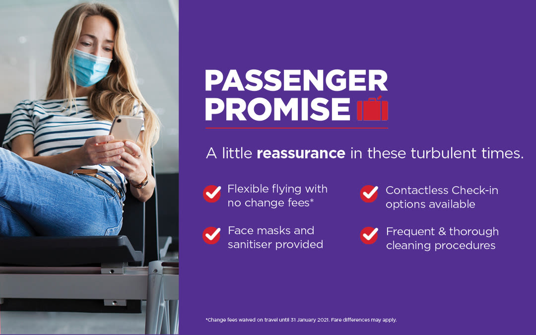 A woman wearing a facemask at an airport. Text reads: "Passenger Promise, A little reassurance in these turbulent times."