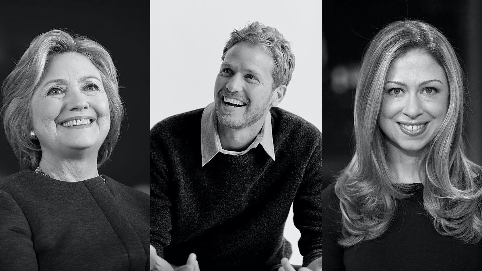 HiddenLight Productions founders - Hillary Clinton, Chelsea Clinton and Sam Branson smiling side by side