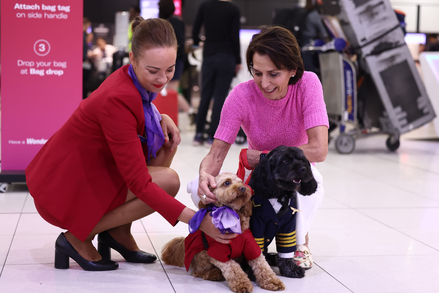 Virgin Australia CEO Jayne Hrdlicka and a Virgin Australia cabin crew member with two dogs dressed in Virgin Australia uniforms at an airport