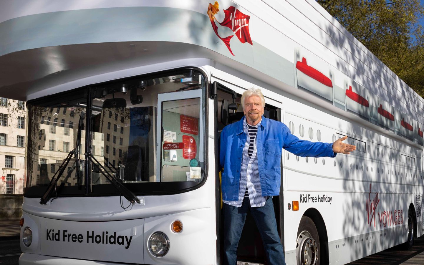 Virgin Voyages' in London with Richard Branson on a double decker ship