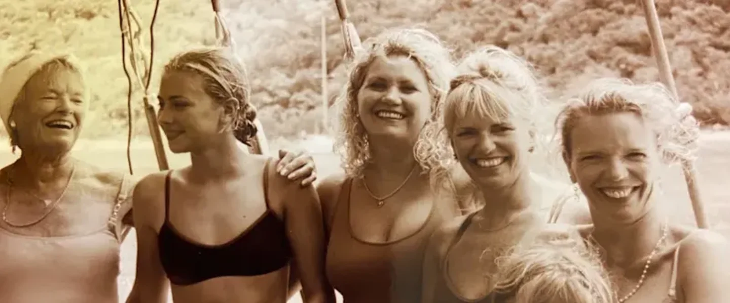 Eve Branson, Holly Branson, Joan Branson, Lindie Branson and Vanessa Branson smile on a boat