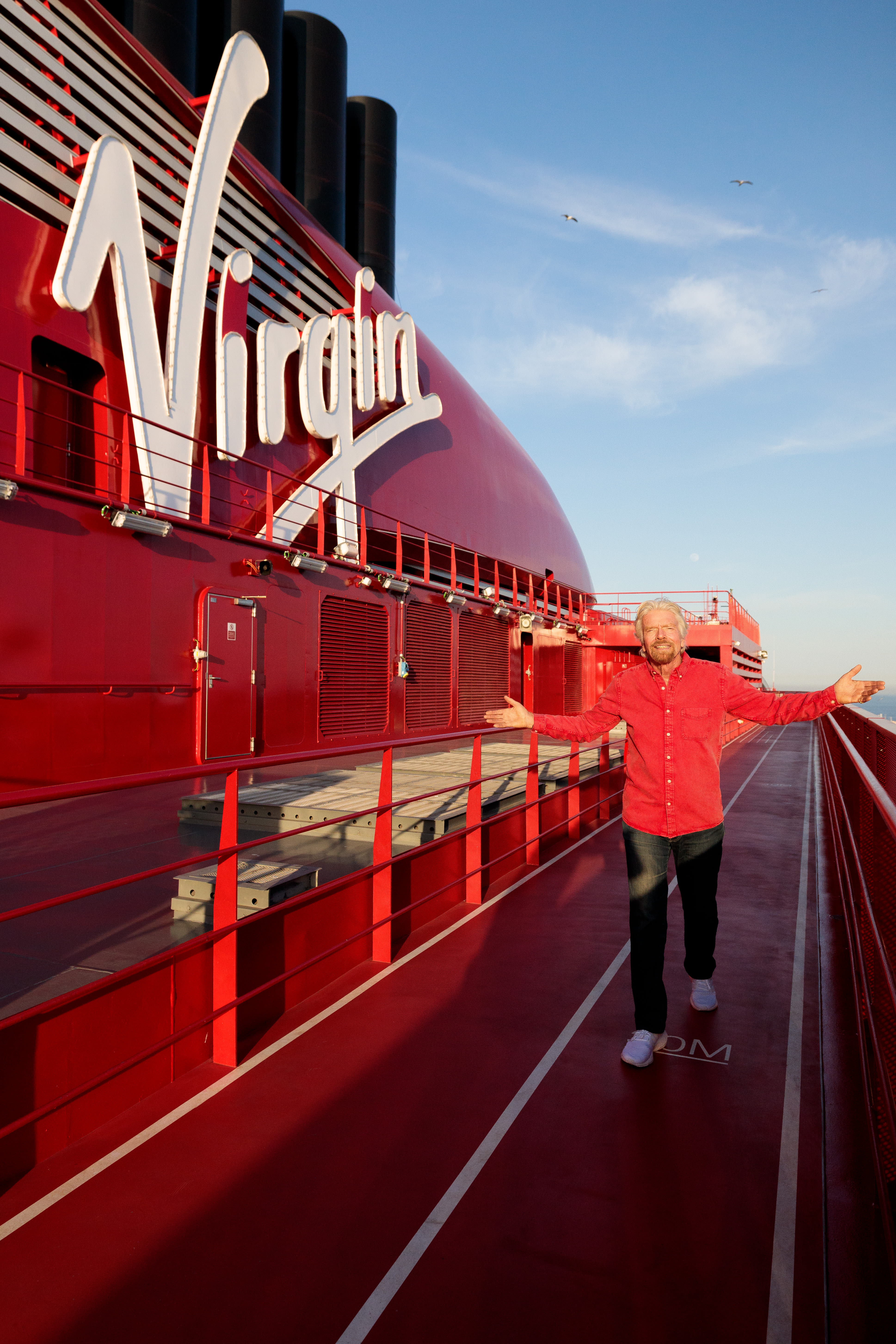 Richard Branson onboard a Virgin Voyages ship in Barcelona