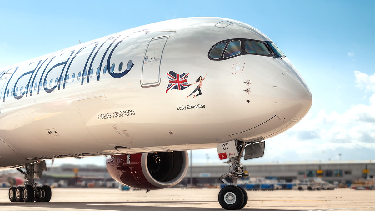 A Virgin Atlantic Airbus A350 with Lady Emmeline's name and flying icon