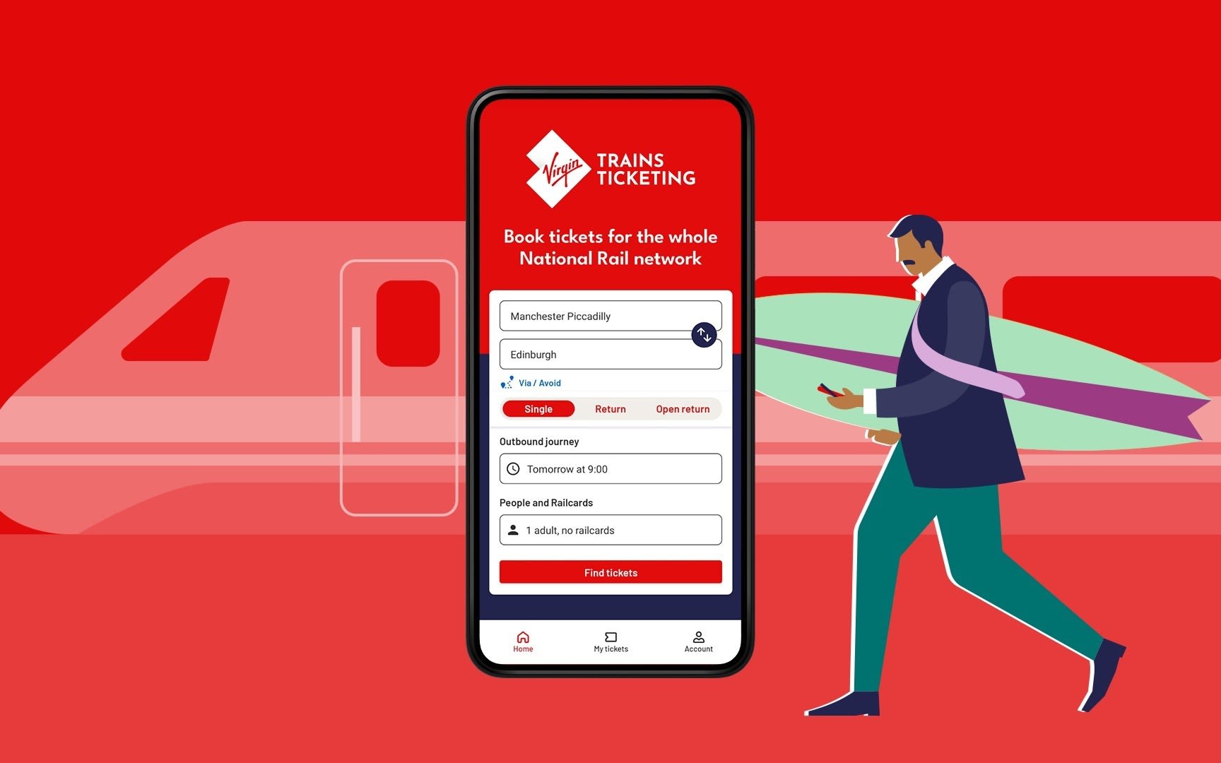 A graphic of a man walking by a train with the Virgin Trains Ticketing app homepage