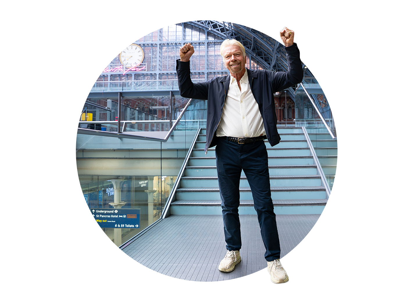 Richard Branson at St Pancras celebrating trains news