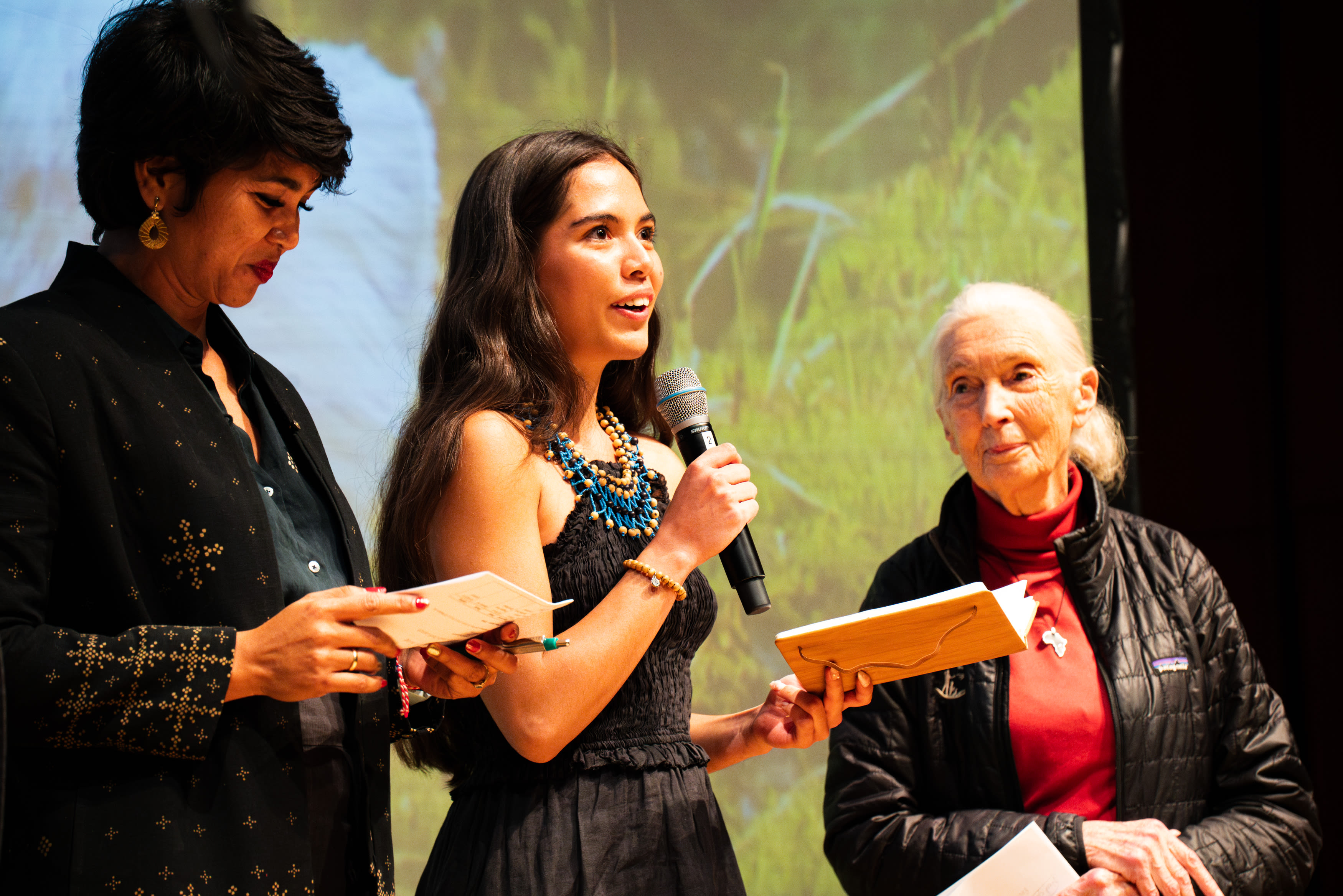 Xiye Bastida, Jane Goodall and Farwiza Farhan on stage at the Planetary Health Check launch | Harry Kinnaird