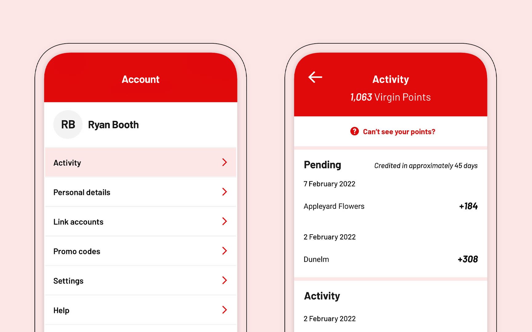 Image of Virgin Red app and pending points.