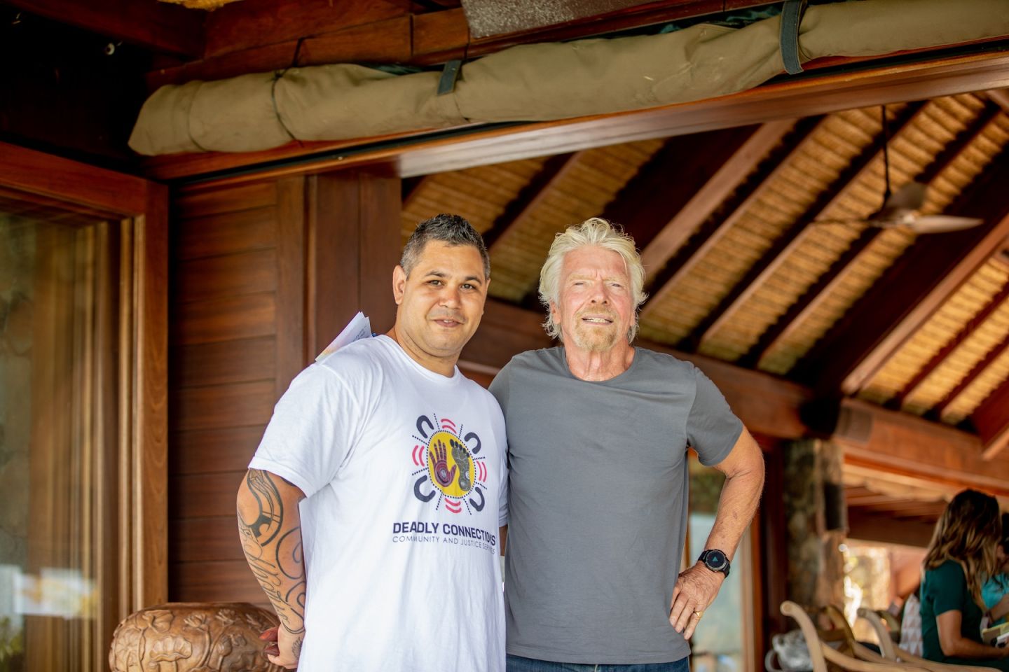  Richard Branson with Keenan Mundine at a Virgin Unite Necker Gathering