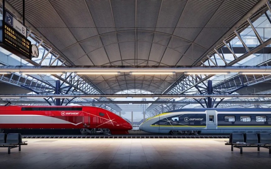 An image of two Eurostar trains in a station