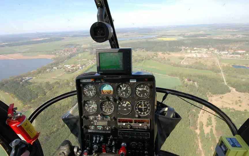 An image of the view from a helicopter