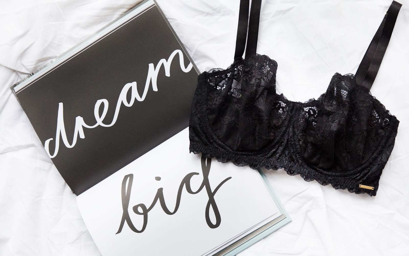 On a white background a book is open to pages that read 'dream big', next to a black bra