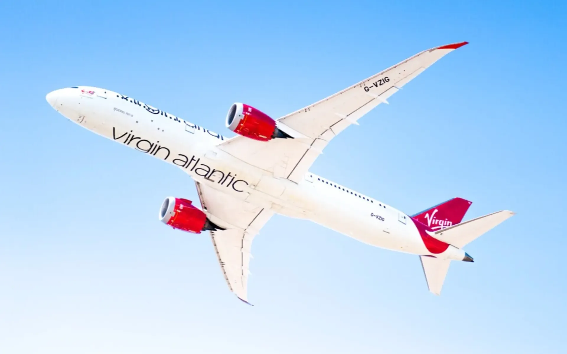 An image of a Virgin Atlantic plane in the air
