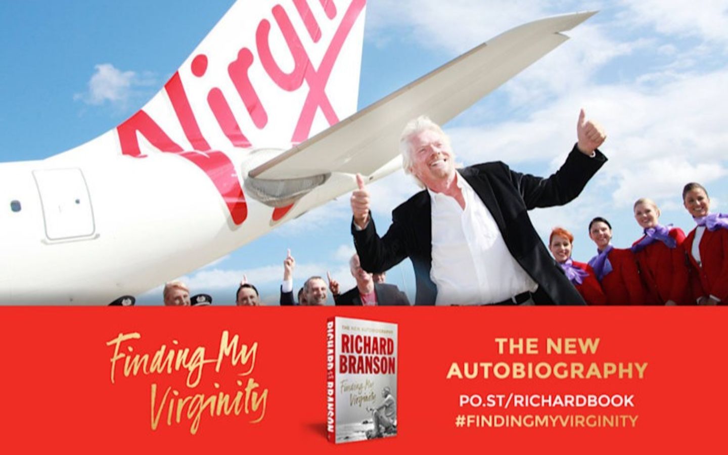 Richard Branson with a Virgin plane in the background with the book title at the bottom "Finding My Virginity"