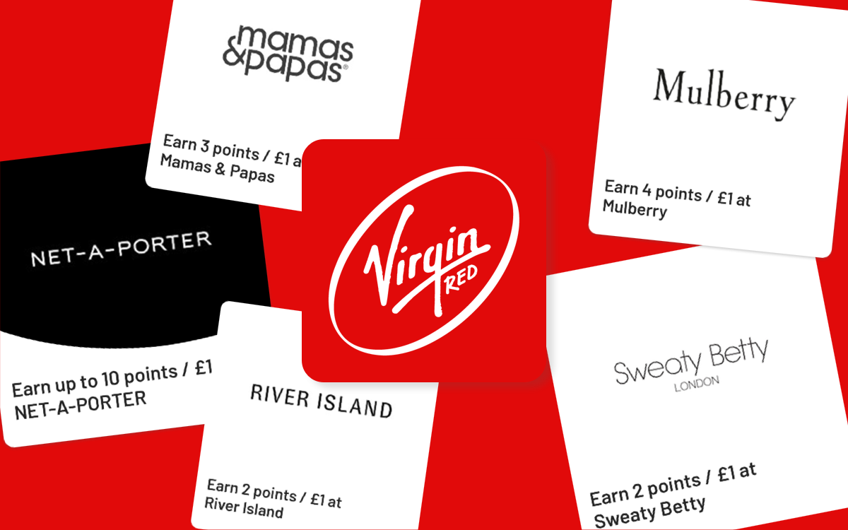 Image of Virgin Red logo surrounded by new earn fashion partner offers in the UK.
