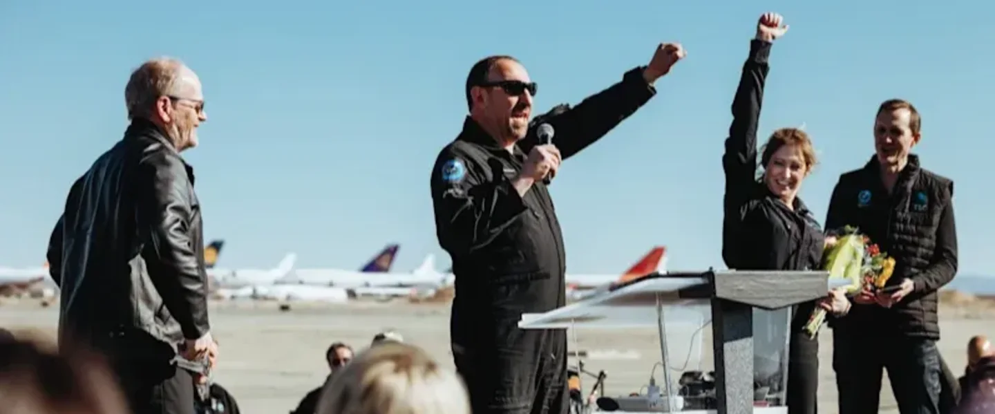 Pilots Dave Mackay and Mike Succi and Virgin Galactic’s Chief Astronaut Instructor Beth Moses celebrate Virgin Galactic's second spaceflight with 