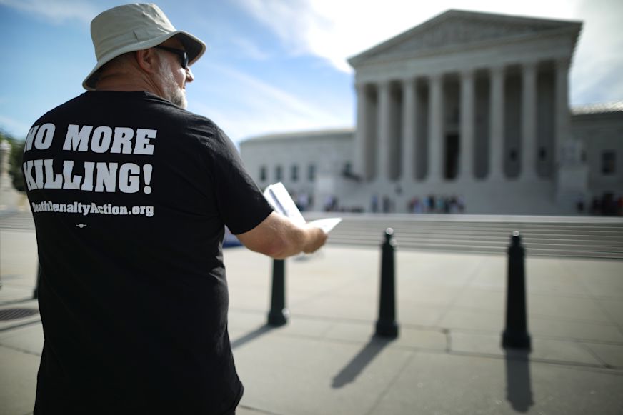 Getty Images | Chip Somodevilla  - Abraham Bonowitz of Columbus, Ohio, joins fellow members of the Abolitionist Action Committee during an annual protest and hunger strike against the death penalty outside the U.S. Supreme Court July 01, 2019 in Washington, DC.