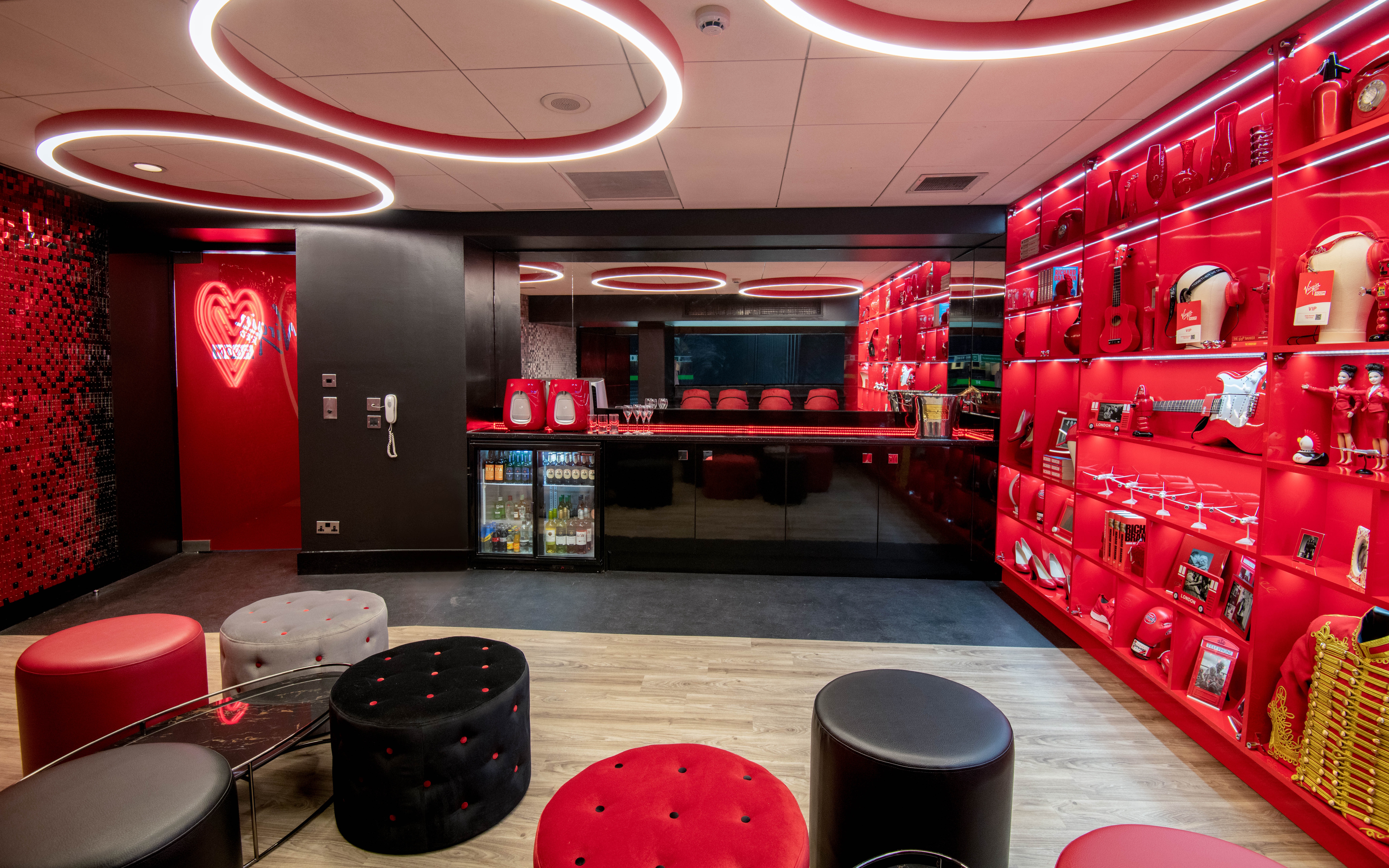 Image of the interior of the Virgin Red Room at Manchester's AO Arena. 